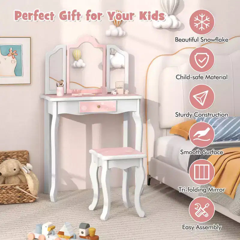 Costway Tavolino da Toilette e Sedia 2 in 1 per Bambini con Cassetto e Specchio Tri-Pieghevole Rimovibile e Sgabello per Bambini Piccoli e Grandi Rosa/Blu