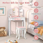 Costway Tavolino da Toilette e Sedia 2 in 1 per Bambini con Cassetto e Specchio Tri-Pieghevole Rimovibile e Sgabello per Bambini Piccoli e Grandi Rosa/Blu