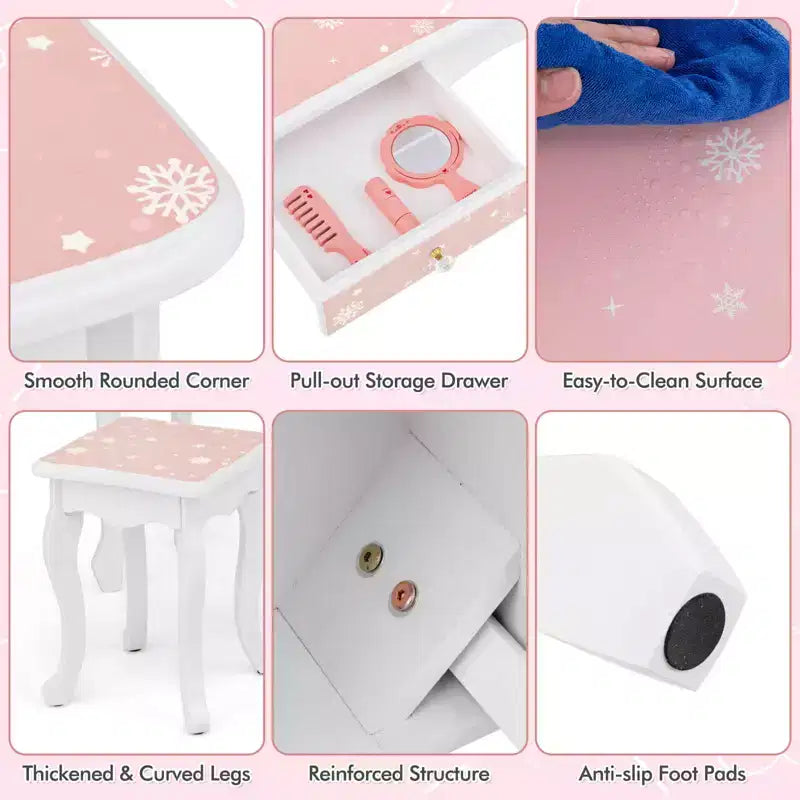 Costway Tavolino da Toilette e Sedia 2 in 1 per Bambini con Cassetto e Specchio Tri-Pieghevole Rimovibile e Sgabello per Bambini Piccoli e Grandi Rosa/Blu