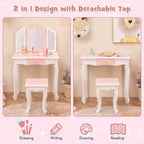 Costway Tavolino da Toilette e Sedia 2 in 1 per Bambini con Cassetto e Specchio Tri-Pieghevole Rimovibile e Sgabello per Bambini Piccoli e Grandi Rosa/Blu