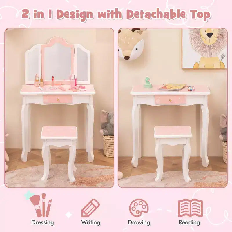 Costway Tavolino da Toilette e Sedia 2 in 1 per Bambini con Cassetto e Specchio Tri-Pieghevole Rimovibile e Sgabello per Bambini Piccoli e Grandi Rosa/Blu