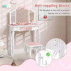 Costway Tavolino da Toilette e Sedia 2 in 1 per Bambini con Cassetto e Specchio Tri-Pieghevole Rimovibile e Sgabello per Bambini Piccoli e Grandi Rosa/Blu