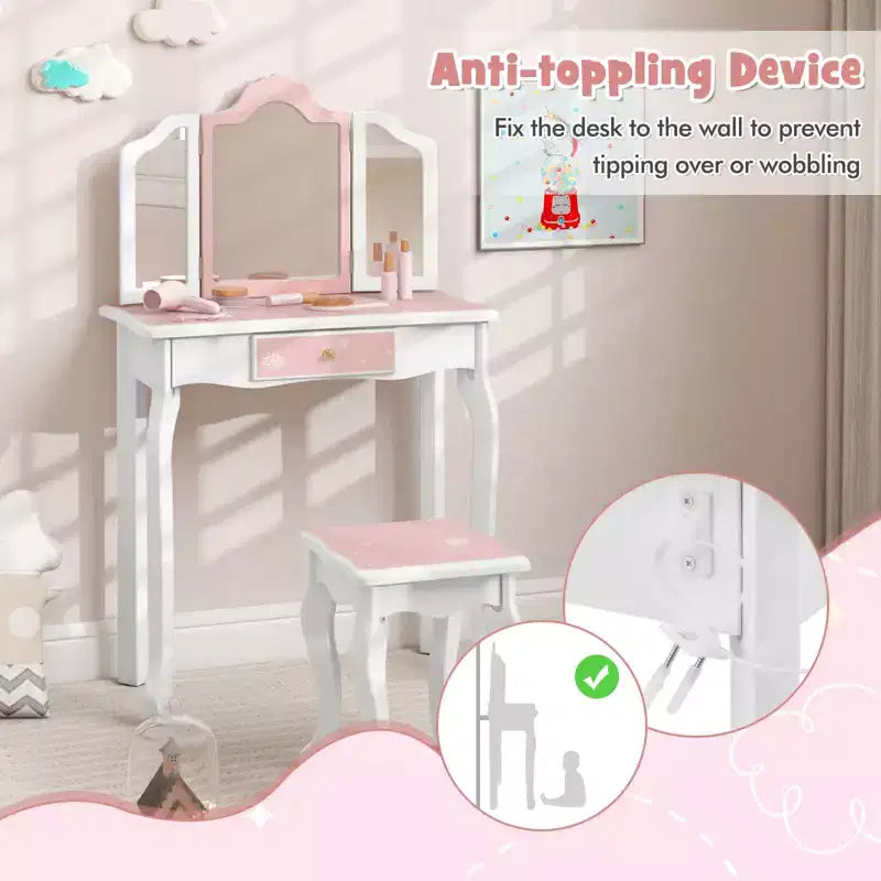 Costway Tavolino da Toilette e Sedia 2 in 1 per Bambini con Cassetto e Specchio Tri-Pieghevole Rimovibile e Sgabello per Bambini Piccoli e Grandi Rosa/Blu