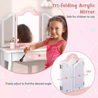 Costway Tavolino da Toilette e Sedia 2 in 1 per Bambini con Cassetto e Specchio Tri-Pieghevole Rimovibile e Sgabello per Bambini Piccoli e Grandi Rosa/Blu