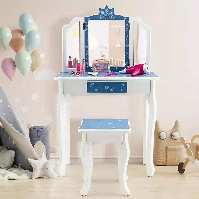 Costway Tavolino da Toilette e Sedia 2 in 1 per Bambini con Cassetto e Specchio Tri-Pieghevole Rimovibile e Sgabello per Bambini Piccoli e Grandi Rosa/Blu