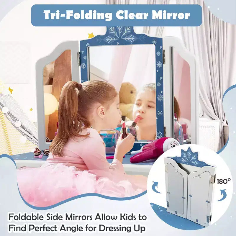Costway Tavolino da Toilette e Sedia 2 in 1 per Bambini con Cassetto e Specchio Tri-Pieghevole Rimovibile e Sgabello per Bambini Piccoli e Grandi Rosa/Blu