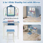 Costway Tavolino da Toilette e Sedia 2 in 1 per Bambini con Cassetto e Specchio Tri-Pieghevole Rimovibile e Sgabello per Bambini Piccoli e Grandi Rosa/Blu