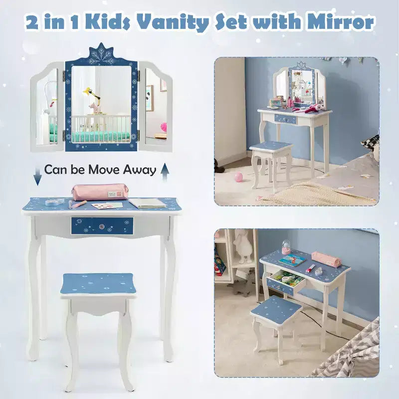 Costway Tavolino da Toilette e Sedia 2 in 1 per Bambini con Cassetto e Specchio Tri-Pieghevole Rimovibile e Sgabello per Bambini Piccoli e Grandi Rosa/Blu