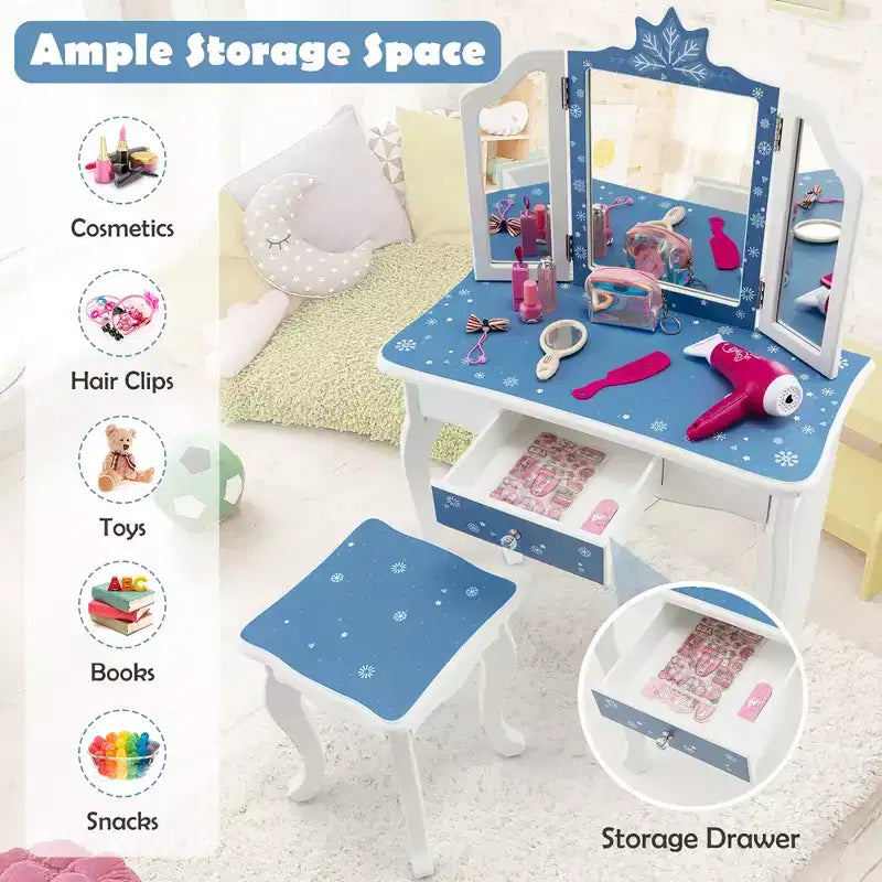Costway Tavolino da Toilette e Sedia 2 in 1 per Bambini con Cassetto e Specchio Tri-Pieghevole Rimovibile e Sgabello per Bambini Piccoli e Grandi Rosa/Blu