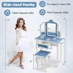 Costway Tavolino da Toilette e Sedia 2 in 1 per Bambini con Cassetto e Specchio Tri-Pieghevole Rimovibile e Sgabello per Bambini Piccoli e Grandi Rosa/Blu