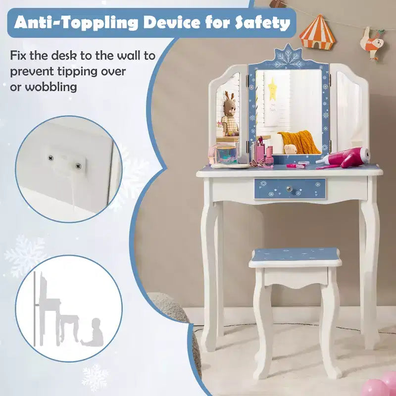 Costway Tavolino da Toilette e Sedia 2 in 1 per Bambini con Cassetto e Specchio Tri-Pieghevole Rimovibile e Sgabello per Bambini Piccoli e Grandi Rosa/Blu