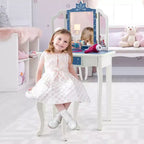 Costway Tavolino da Toilette e Sedia 2 in 1 per Bambini con Cassetto e Specchio Tri-Pieghevole Rimovibile e Sgabello per Bambini Piccoli e Grandi Rosa/Blu