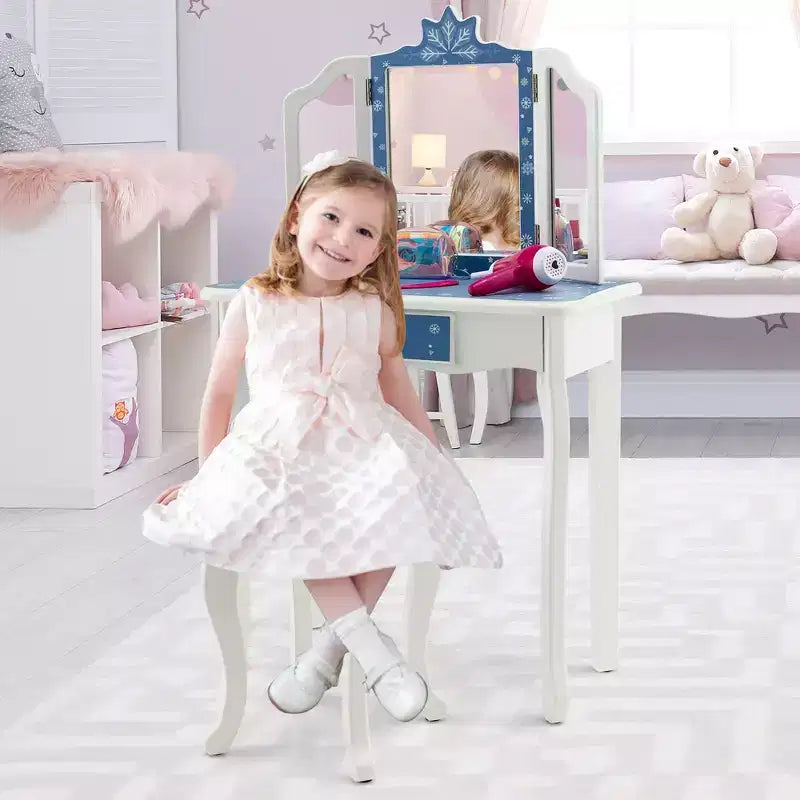 Costway Tavolino da Toilette e Sedia 2 in 1 per Bambini con Cassetto e Specchio Tri-Pieghevole Rimovibile e Sgabello per Bambini Piccoli e Grandi Rosa/Blu