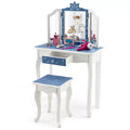 Costway 2 in 1 Kids Vanity Table and Chair Set with Drawer &Detachable Tri-Folding Mirror and Stool for Toddlers & Kids Pink/Blue