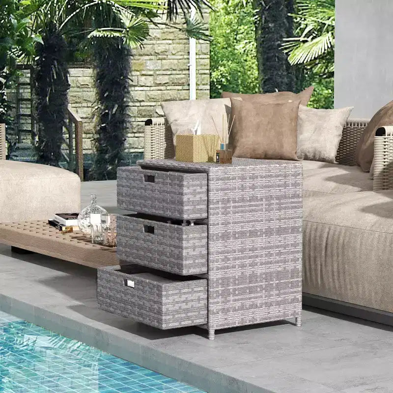 Outsunny Mobiletto da Piscina in Vimini, Contenitore da Esterno in Rattan PE, Porta Asciugamani per Piscina con 3 Grandi Cassetti