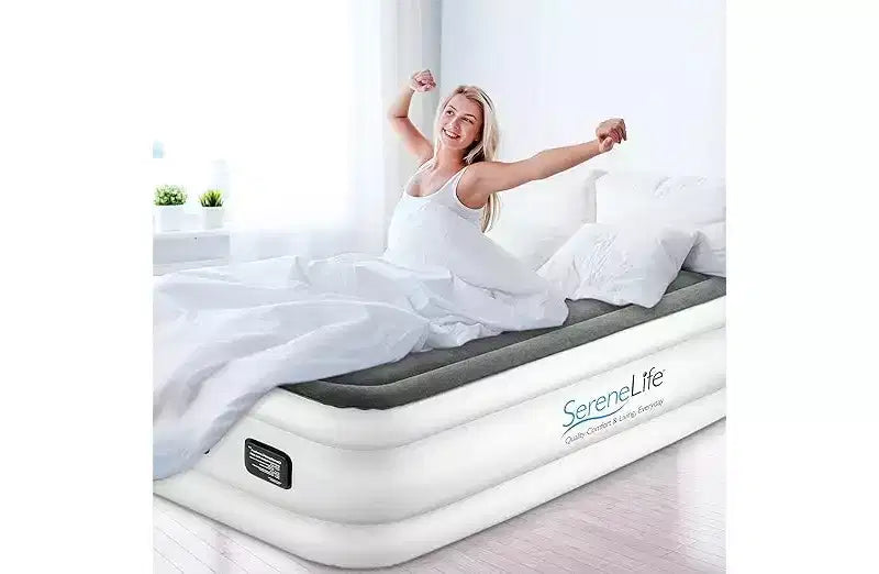 SereneLife materasso ad aria matrimoniale rialzato premium da 45,7 cm con pompa interna ad alta capacità integrata, misura matrimoniale, grigio