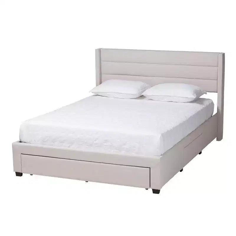 Braylon Fabric and Wood 3 Drawer Platform Storage Bed Beige/Dark Brown - Baxton Studio