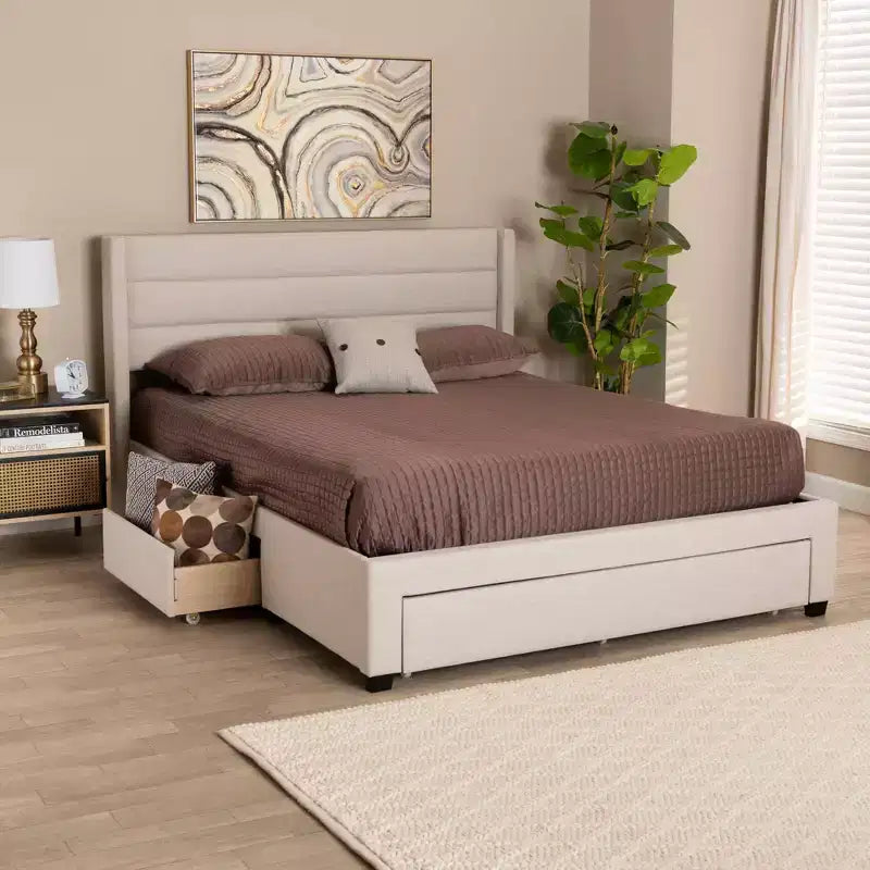Braylon Letto a Piattaforma con Contenitore, 3 Cassetti, in Tessuto e Legno Beige/Marrone Scuro - Baxton Studio