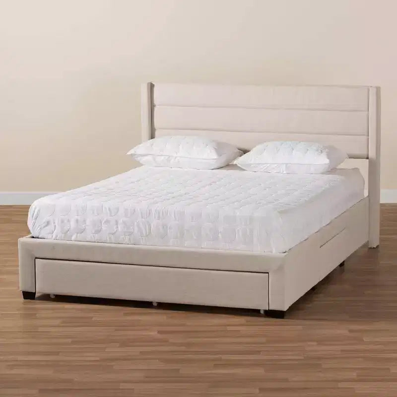 Braylon Letto a Piattaforma con Contenitore, 3 Cassetti, in Tessuto e Legno Beige/Marrone Scuro - Baxton Studio