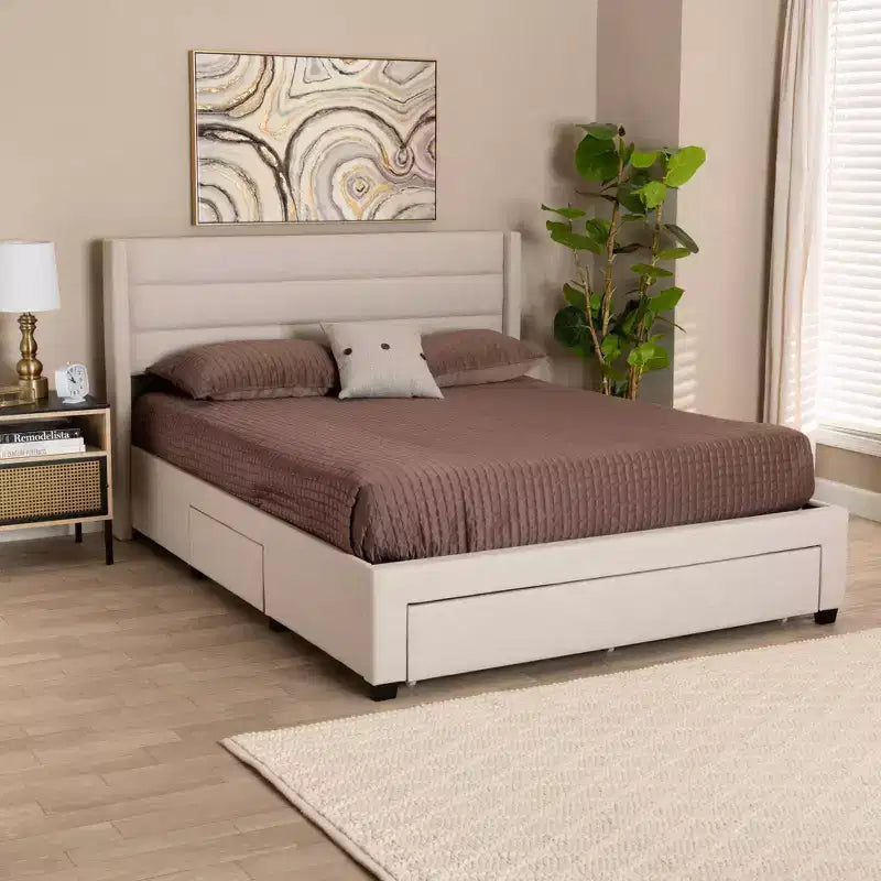 Braylon Letto a Piattaforma con Contenitore, 3 Cassetti, in Tessuto e Legno Beige/Marrone Scuro - Baxton Studio