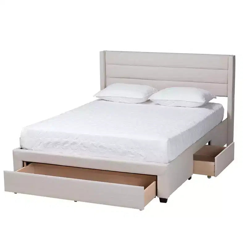 Braylon Letto a Piattaforma con Contenitore, 3 Cassetti, in Tessuto e Legno Beige/Marrone Scuro - Baxton Studio