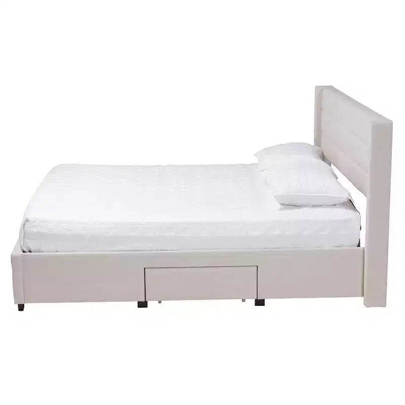 Braylon Letto a Piattaforma con Contenitore, 3 Cassetti, in Tessuto e Legno Beige/Marrone Scuro - Baxton Studio
