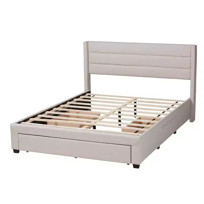 Braylon Letto a Piattaforma con Contenitore, 3 Cassetti, in Tessuto e Legno Beige/Marrone Scuro - Baxton Studio