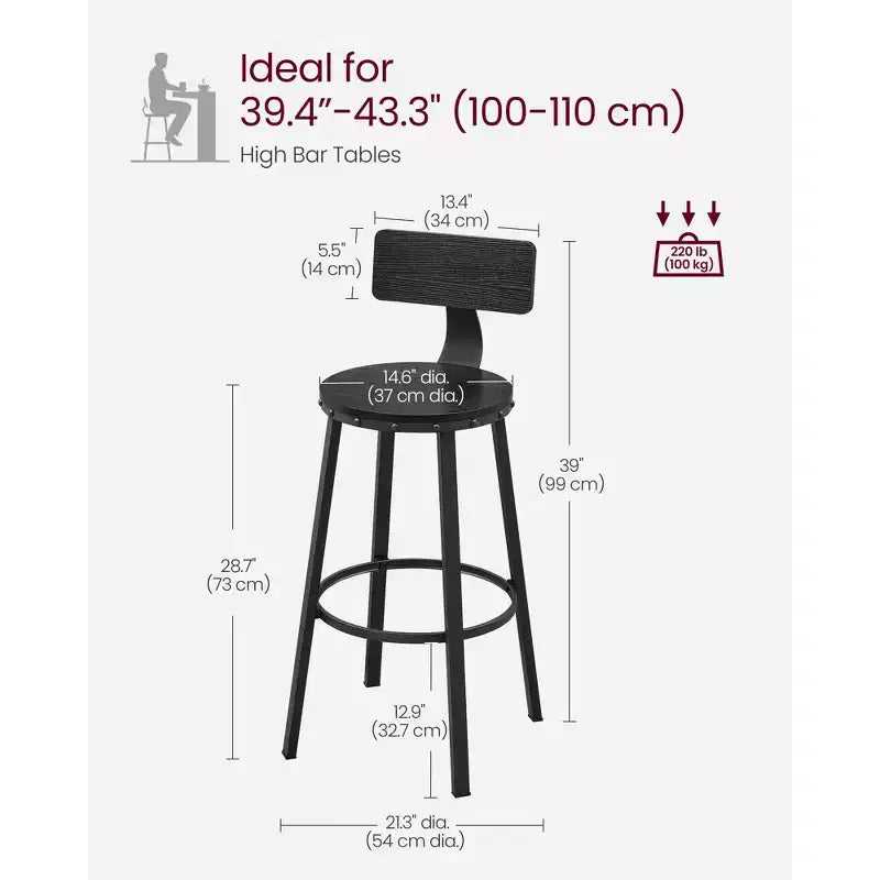 Set di 2 Sgabelli da Bar, Sgabelli da Bar da 73 cm con Schienale, Sedie da Bar con Schienale, Telaio in Acciaio