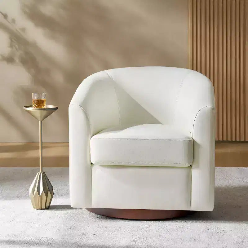 Poltrona a botte moderna girevole Jessie, 77,5 cm, in ecopelle con base in legno massello|ART OF LIVING DESIGNS