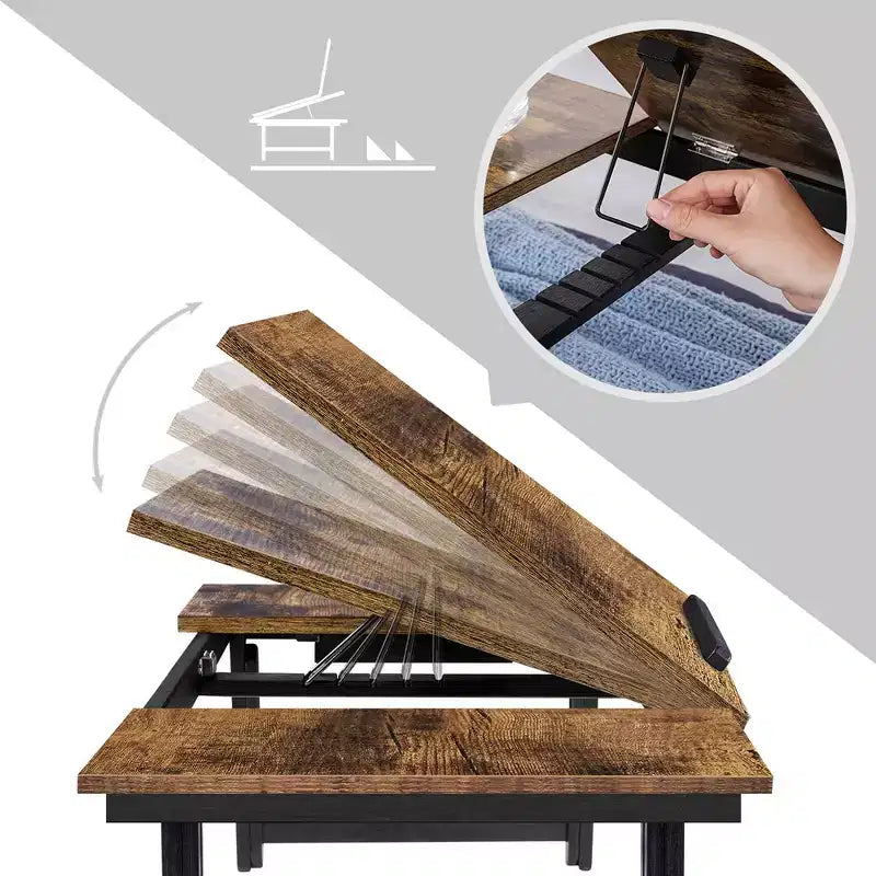 SONGMICS Scrivania per laptop con piano inclinabile regolabile, per destrorsi e mancini, gambe pieghevoli regolabili, cassetto, Marrone scuro rustico