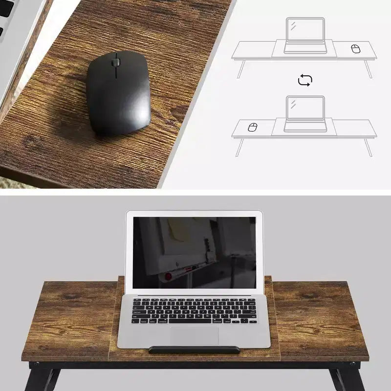 SONGMICS Scrivania per laptop con piano inclinabile regolabile, per destrorsi e mancini, gambe pieghevoli regolabili, cassetto, Marrone scuro rustico