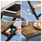 SONGMICS Scrivania per laptop con piano inclinabile regolabile, per destrorsi e mancini, gambe pieghevoli regolabili, cassetto, Marrone scuro rustico