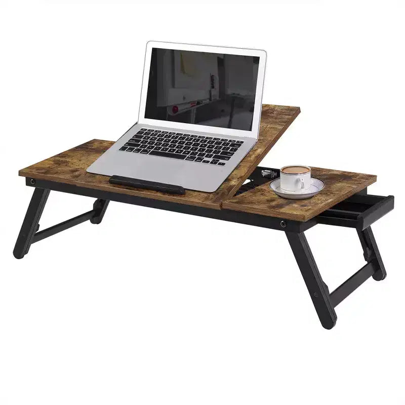 SONGMICS Scrivania per laptop con piano inclinabile regolabile, per destrorsi e mancini, gambe pieghevoli regolabili, cassetto, Marrone scuro rustico