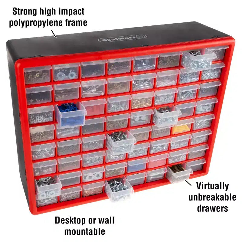 Organizzatore portaoggetti in plastica Stalwart a 64 cassetti, rosso