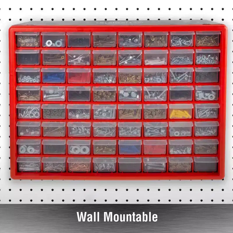 Organizzatore portaoggetti in plastica Stalwart a 64 cassetti, rosso