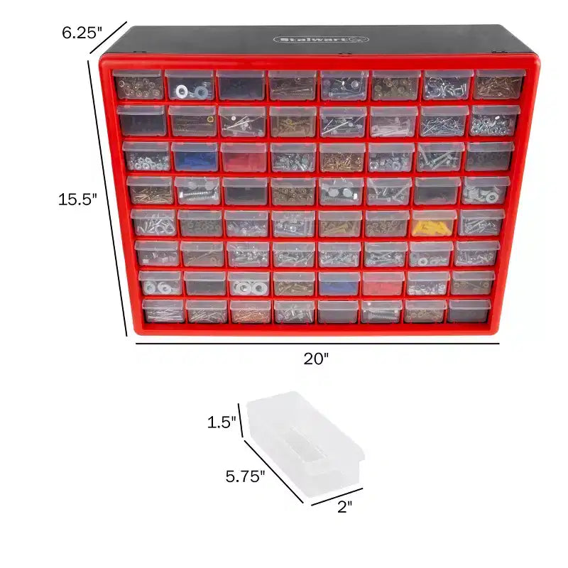 Organizzatore portaoggetti in plastica Stalwart a 64 cassetti, rosso
