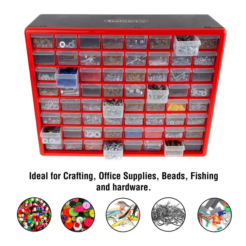 Organizzatore portaoggetti in plastica Stalwart a 64 cassetti, rosso
