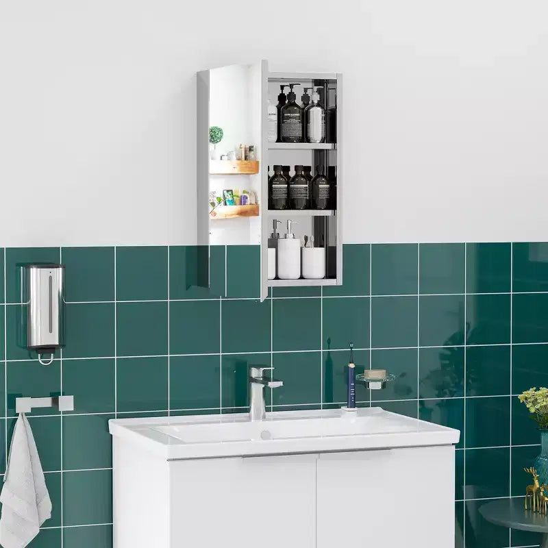 kleankin Armadietto Medicinali da Bagno da Parete con Anta a Cerniera, Ripiani Portaoggetti per Soggiorno e Lavanderia, Argento
