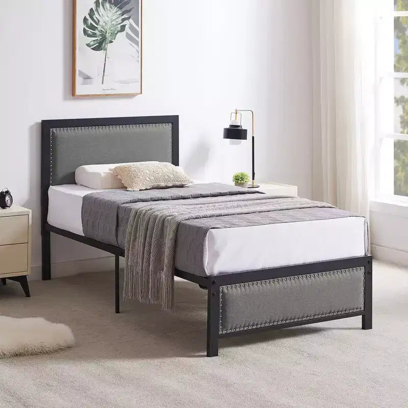 VECELO Upholstered Linen Bed Frame with Headboard and Footboard, Heavy-Duty Platform, Strong Metal Slats, No Box Spring Required, Easy Assembly