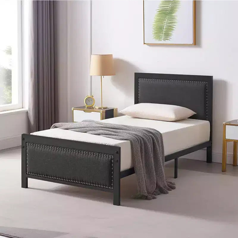 VECELO - Letto imbottito in lino con testiera e pediera, piattaforma resistente, solide doghe in metallo, nessuna necessità di rete a molle, facile da montare