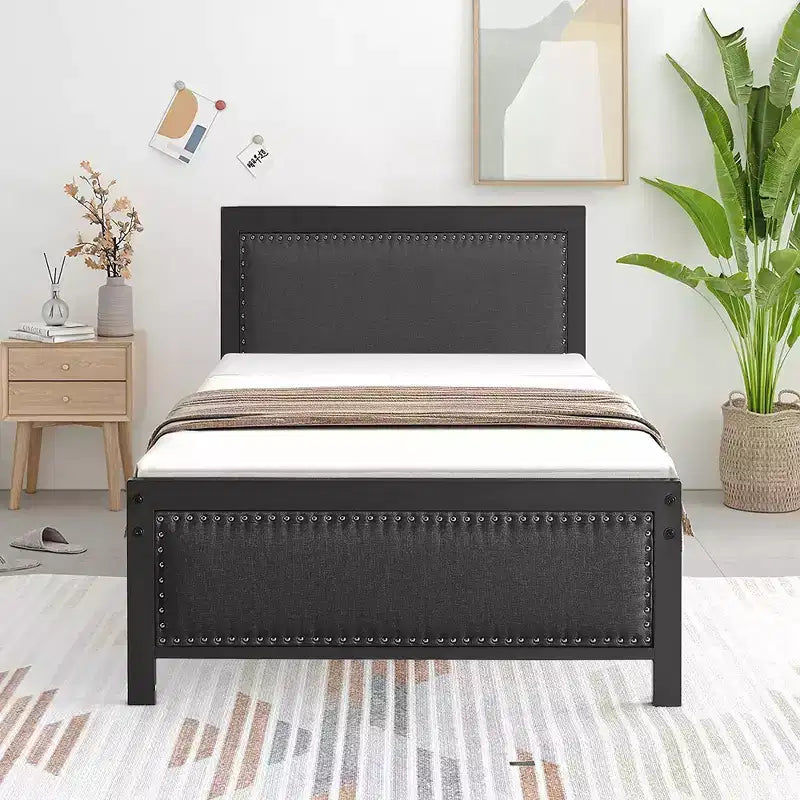 VECELO - Letto imbottito in lino con testiera e pediera, piattaforma resistente, solide doghe in metallo, nessuna necessità di rete a molle, facile da montare