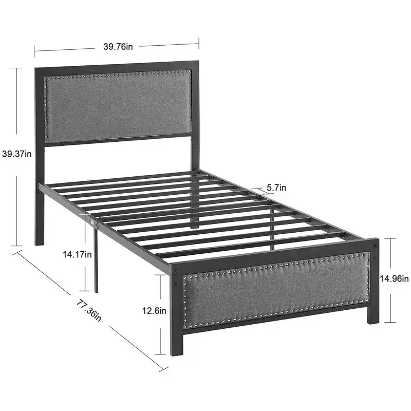 VECELO - Letto imbottito in lino con testiera e pediera, piattaforma resistente, solide doghe in metallo, nessuna necessità di rete a molle, facile da montare