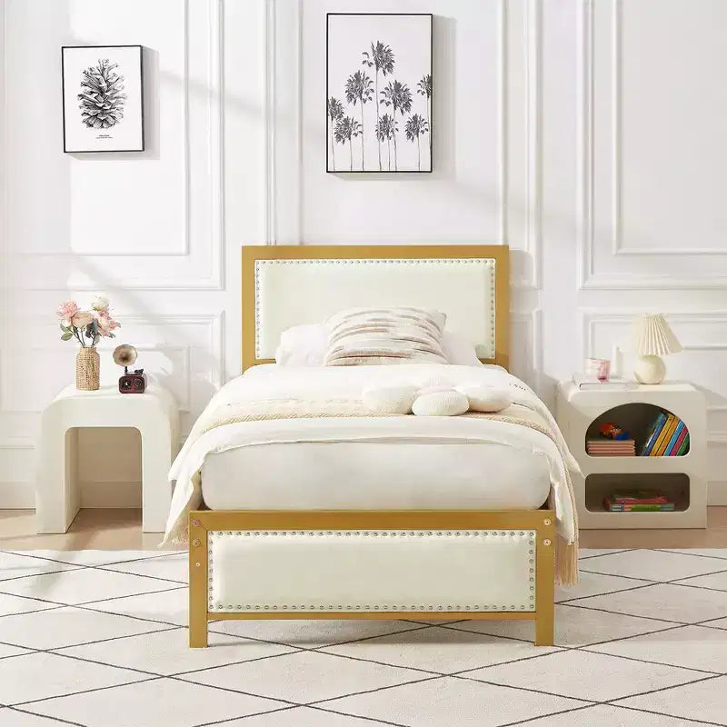 VECELO - Letto imbottito in lino con testiera e pediera, piattaforma resistente, solide doghe in metallo, nessuna necessità di rete a molle, facile da montare