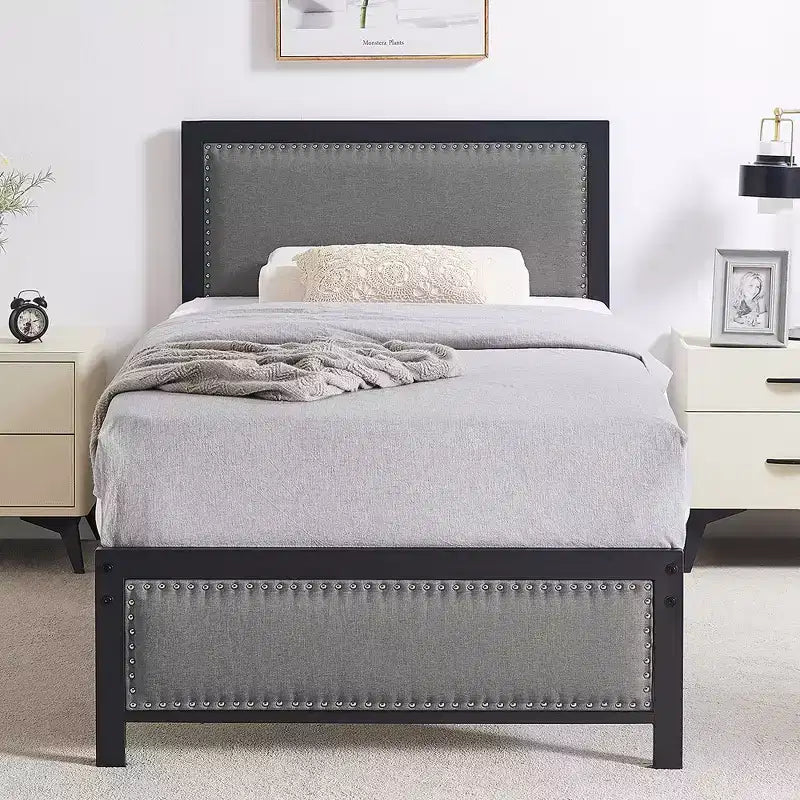 VECELO - Letto imbottito in lino con testiera e pediera, piattaforma resistente, solide doghe in metallo, nessuna necessità di rete a molle, facile da montare