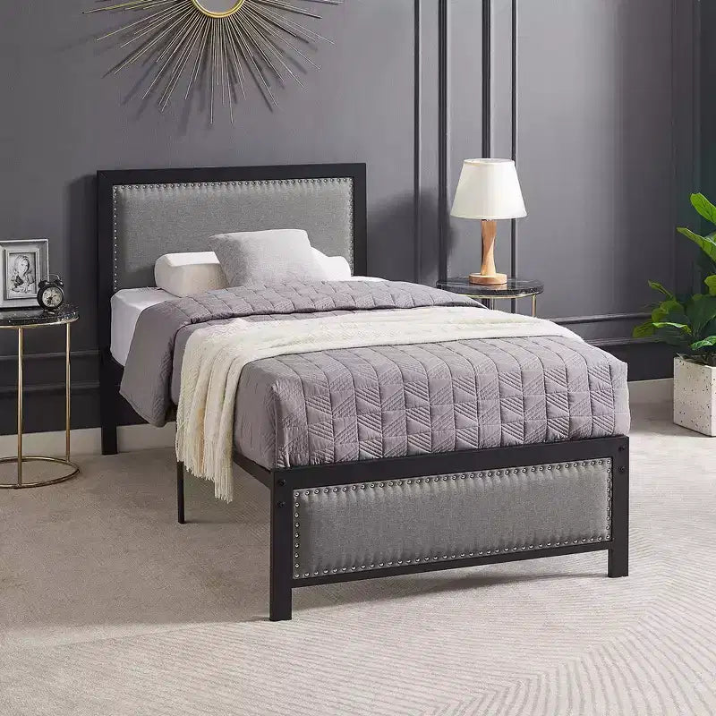 VECELO - Letto imbottito in lino con testiera e pediera, piattaforma resistente, solide doghe in metallo, nessuna necessità di rete a molle, facile da montare