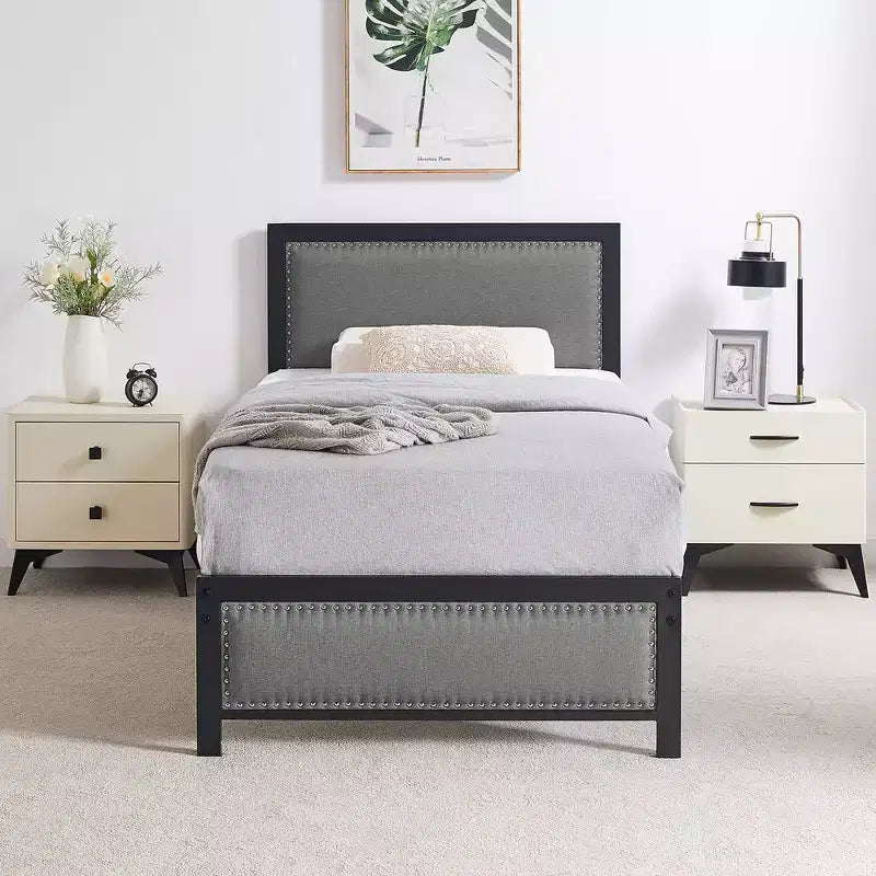 VECELO - Letto imbottito in lino con testiera e pediera, piattaforma resistente, solide doghe in metallo, nessuna necessità di rete a molle, facile da montare