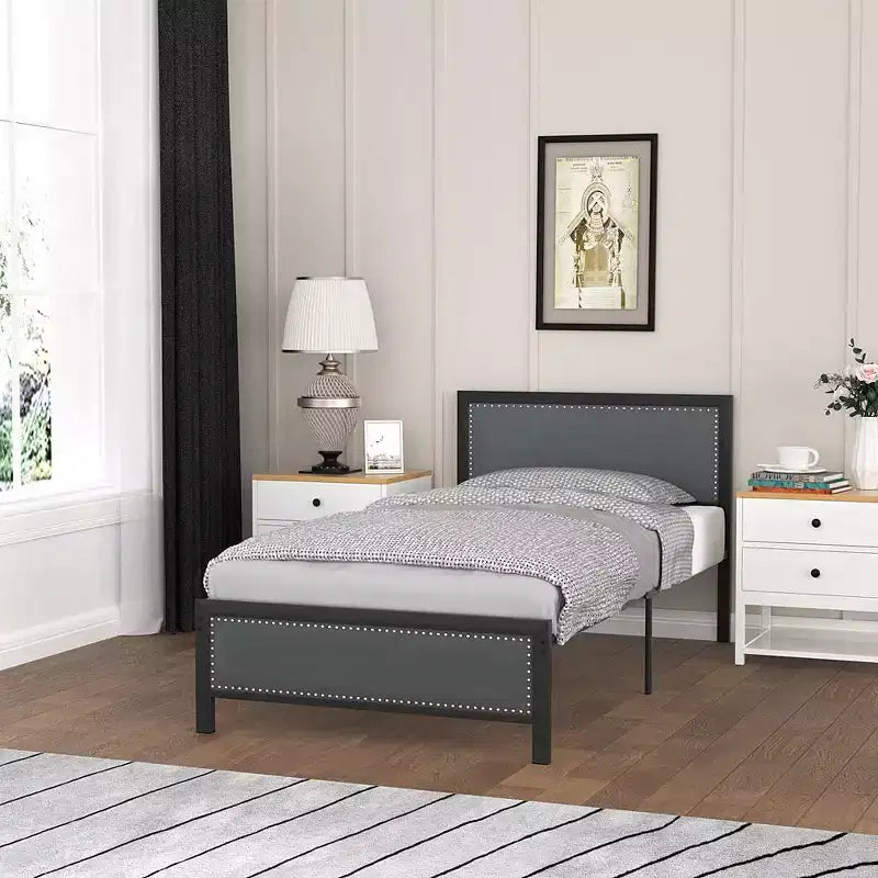 VECELO - Letto imbottito in lino con testiera e pediera, piattaforma resistente, solide doghe in metallo, nessuna necessità di rete a molle, facile da montare