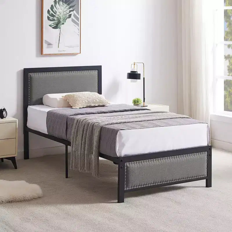 VECELO - Letto imbottito in lino con testiera e pediera, piattaforma resistente, solide doghe in metallo, nessuna necessità di rete a molle, facile da montare