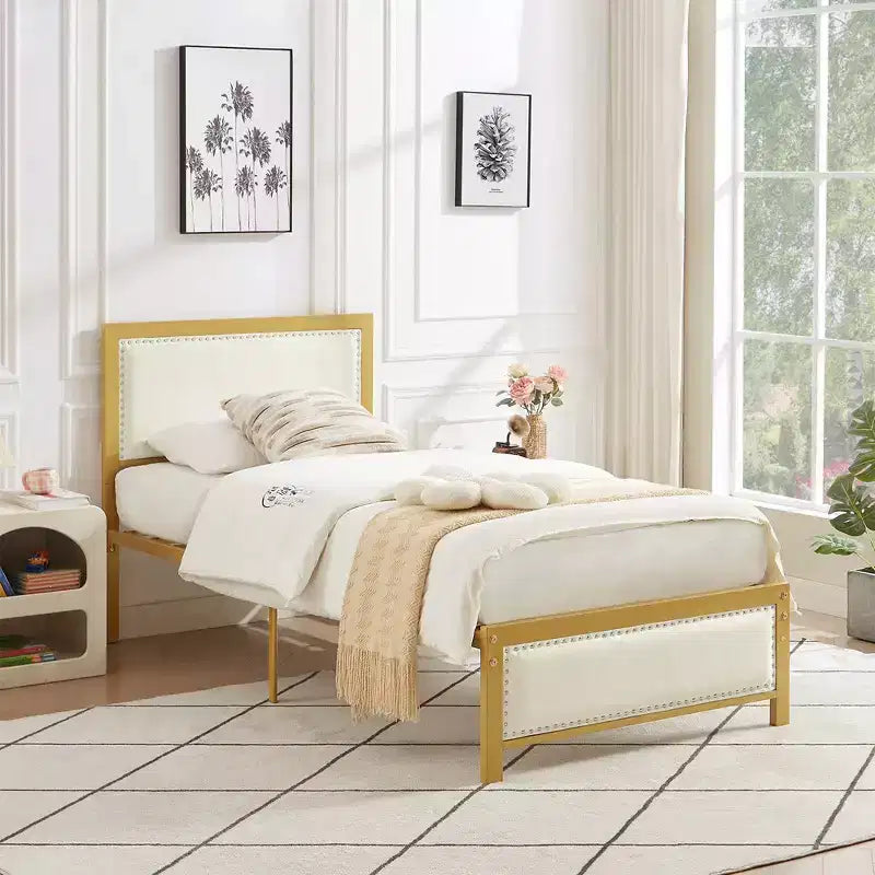 VECELO - Letto imbottito in lino con testiera e pediera, piattaforma resistente, solide doghe in metallo, nessuna necessità di rete a molle, facile da montare