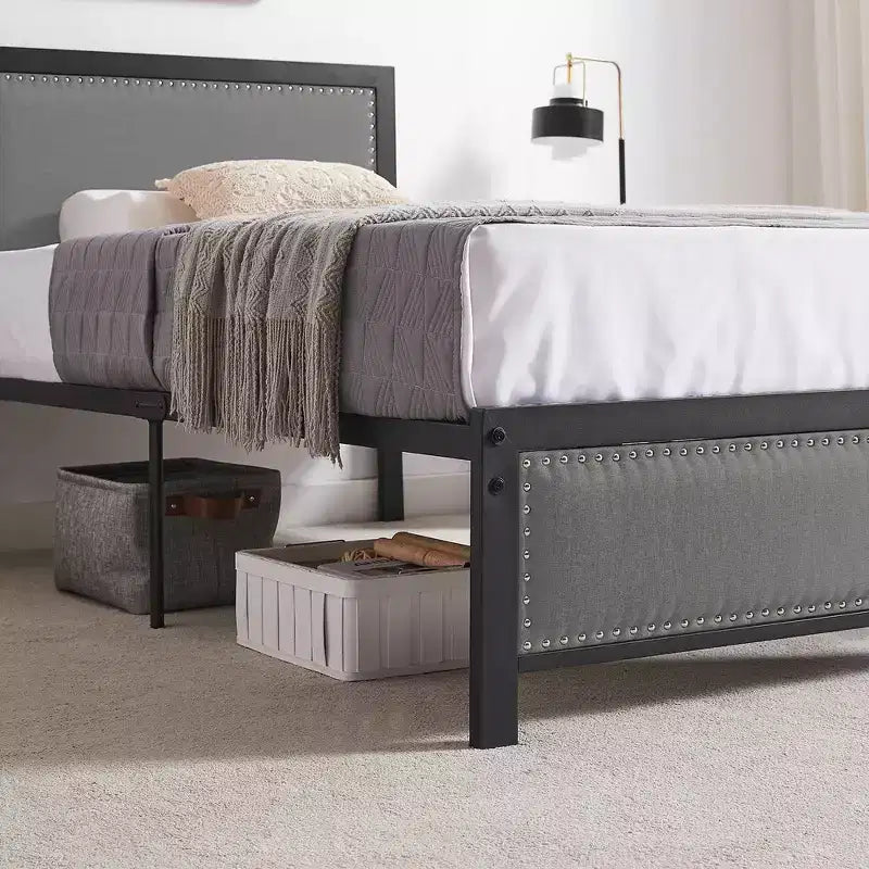 VECELO - Letto imbottito in lino con testiera e pediera, piattaforma resistente, solide doghe in metallo, nessuna necessità di rete a molle, facile da montare